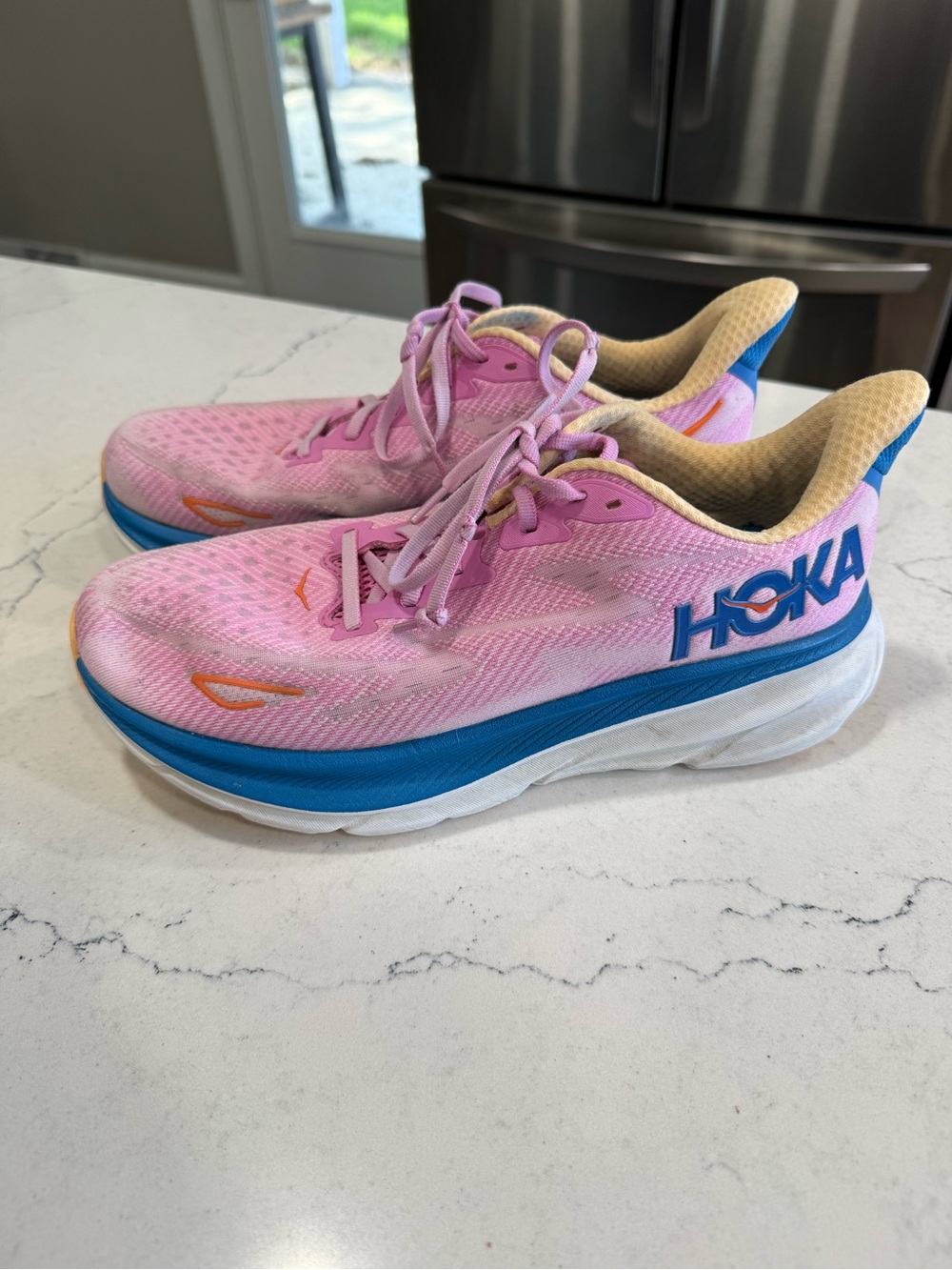 HOKA ONE Clifton 9 Women’s Mesh Lace-Up Running Sneakers Pink Blue - Picture 1 of 8